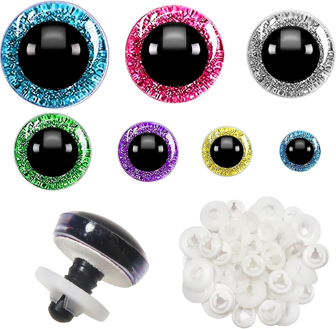 52PCS Glitter Safety Eyes for Amigurumi – 12mm to 30mm Assorted Colors, Plastic Doll Eyes with Washers for Crochet, Stuffed Animals, Puppets, and DIY Crafts